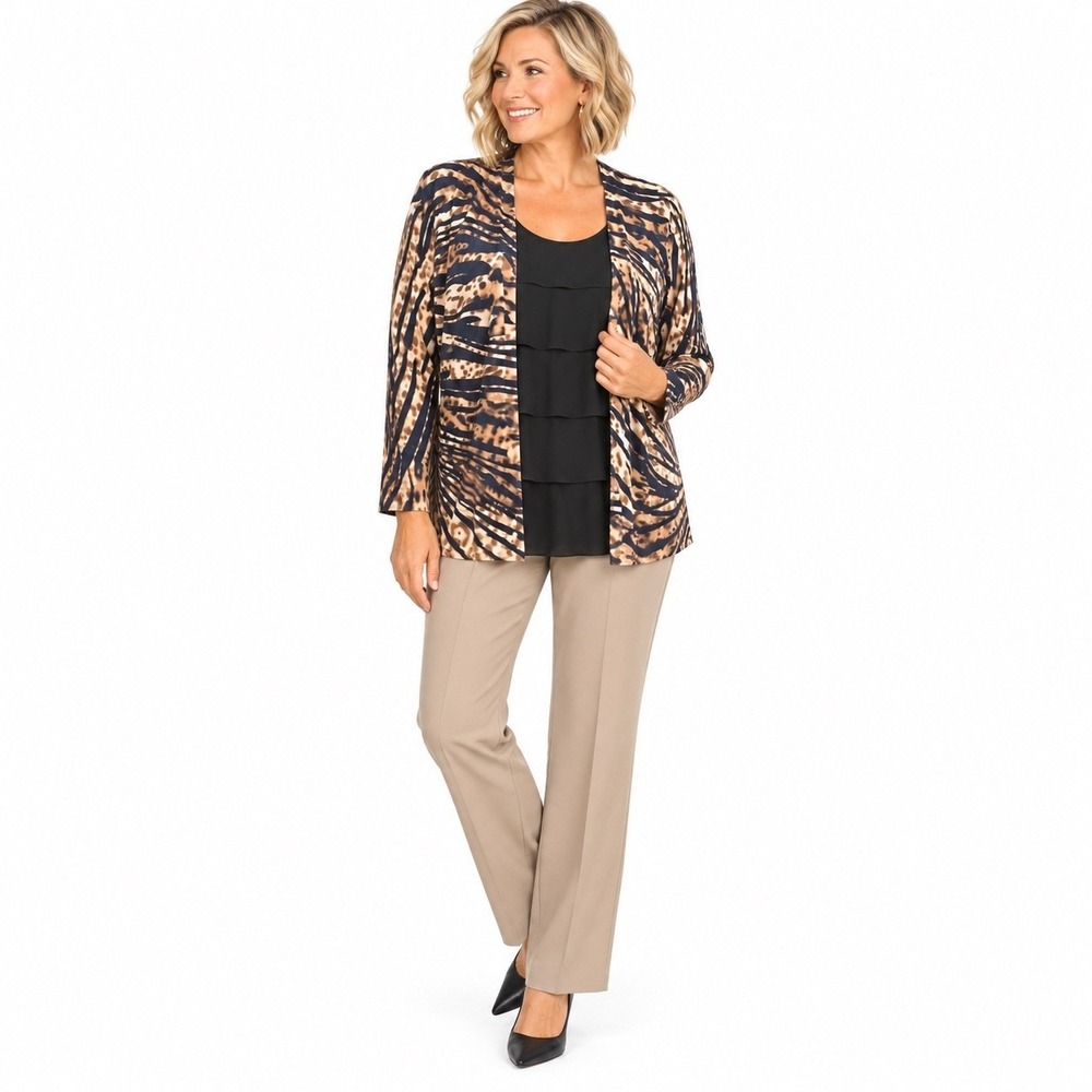August Silk Cardigan Set M Brown Black Animal Print Sweater Layered Lt. Wt.